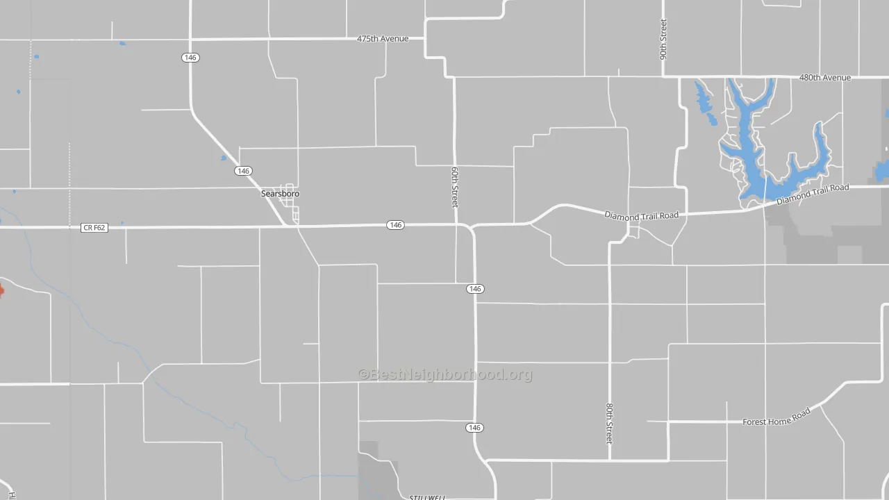 Walk Grade map of Searsboro, IA, walkable areas in green and car-dependent areas in red