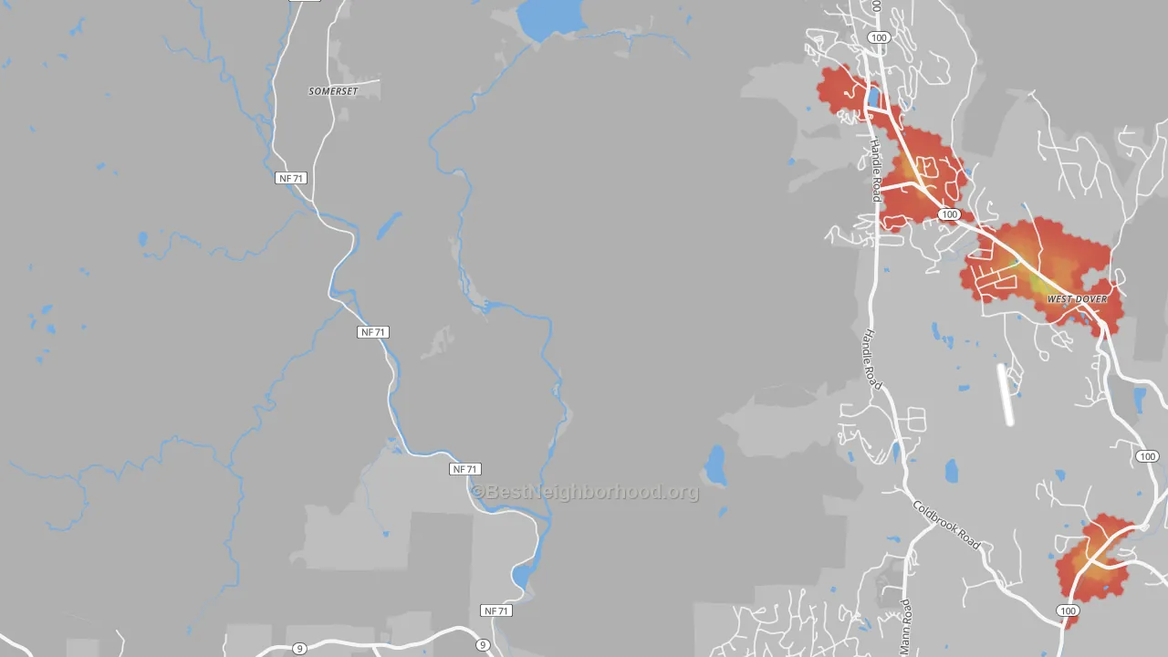 Walk Grade map of Searsburg, VT, walkable areas in green and car-dependent areas in red
