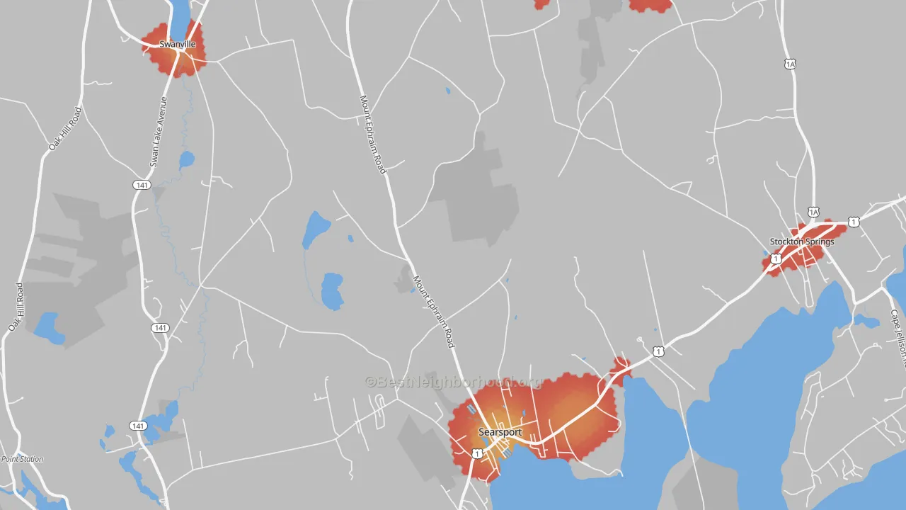 Walk Grade map of Searsport, ME, walkable areas in green and car-dependent areas in red