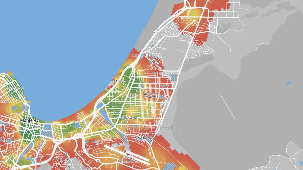 Walk Grade map of Seaside, CA, walkable areas in green and car-dependent areas in red