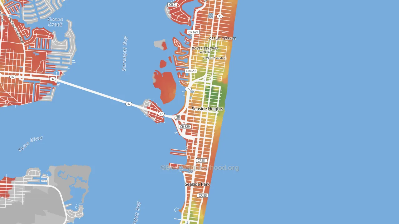 Walk Grade map of Seaside Heights, NJ, walkable areas in green and car-dependent areas in red
