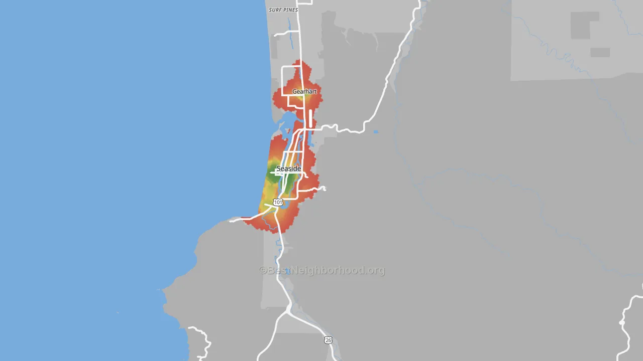 Walk Grade map of Seaside, OR, walkable areas in green and car-dependent areas in red