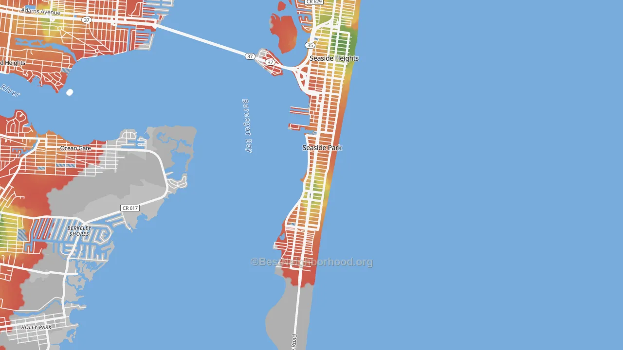 Walk Grade map of Seaside Park, NJ, walkable areas in green and car-dependent areas in red