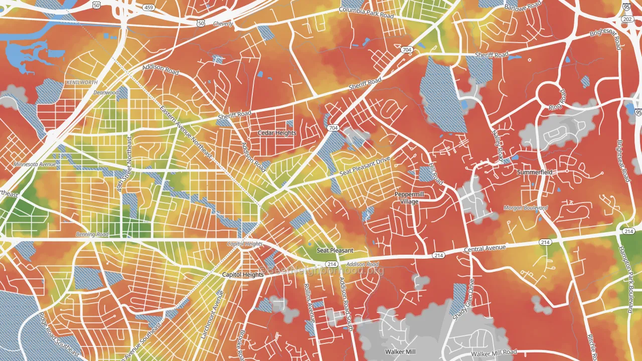 Walk Grade map of Seat Pleasant, MD, walkable areas in green and car-dependent areas in red