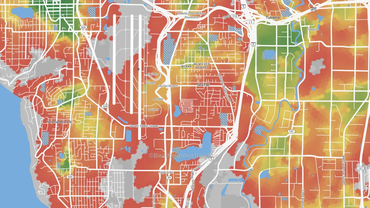 Walk Grade map of SeaTac, WA, walkable areas in green and car-dependent areas in red