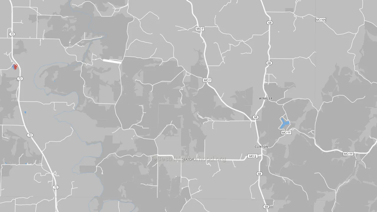 Walk Grade map of Seaton, MO, walkable areas in green and car-dependent areas in red