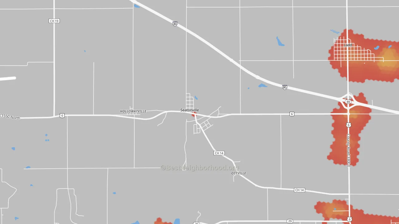 Walk Grade map of Seatonville, IL, walkable areas in green and car-dependent areas in red