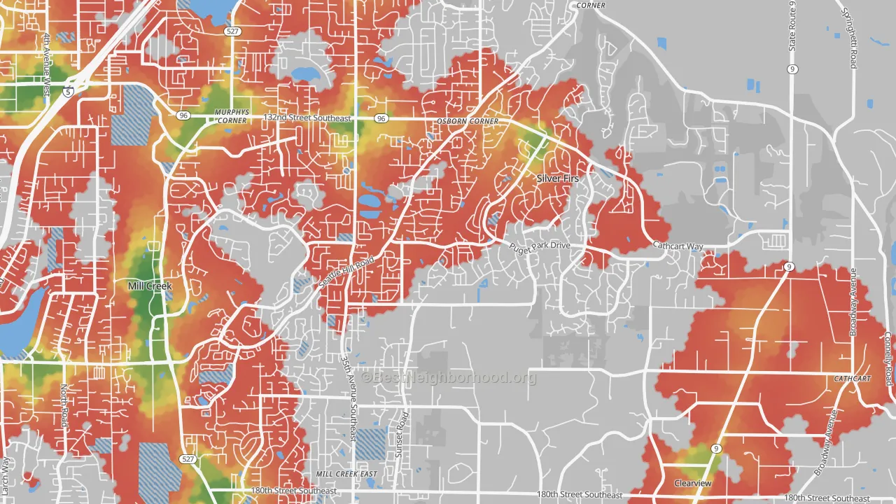 Walk Grade map of Seattle Hill-Silver Firs, Silver Firs, WA, walkable areas in green and car-dependent areas in red