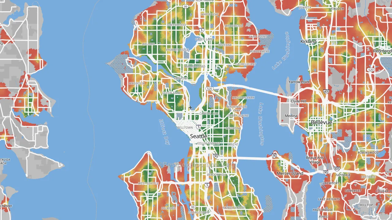 Walk Grade map of Seattle, WA, walkable areas in green and car-dependent areas in red