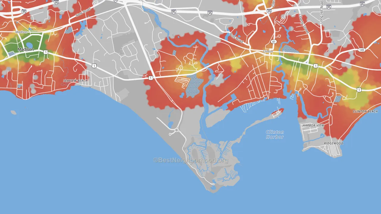 Walk Grade map of Seaview Beach, CT, walkable areas in green and car-dependent areas in red