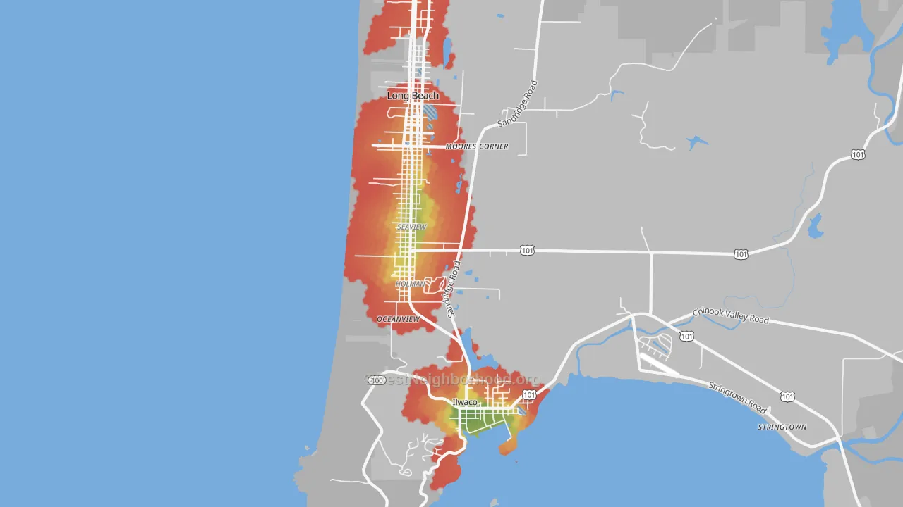 Walk Grade map of Seaview, WA, walkable areas in green and car-dependent areas in red