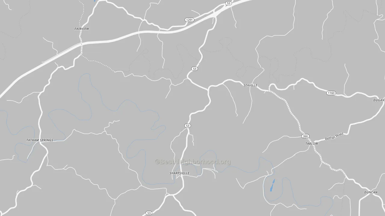 Walk Grade map of Seaville, KY, walkable areas in green and car-dependent areas in red