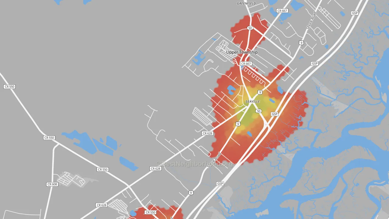 Walk Grade map of Seaville, NJ, walkable areas in green and car-dependent areas in red