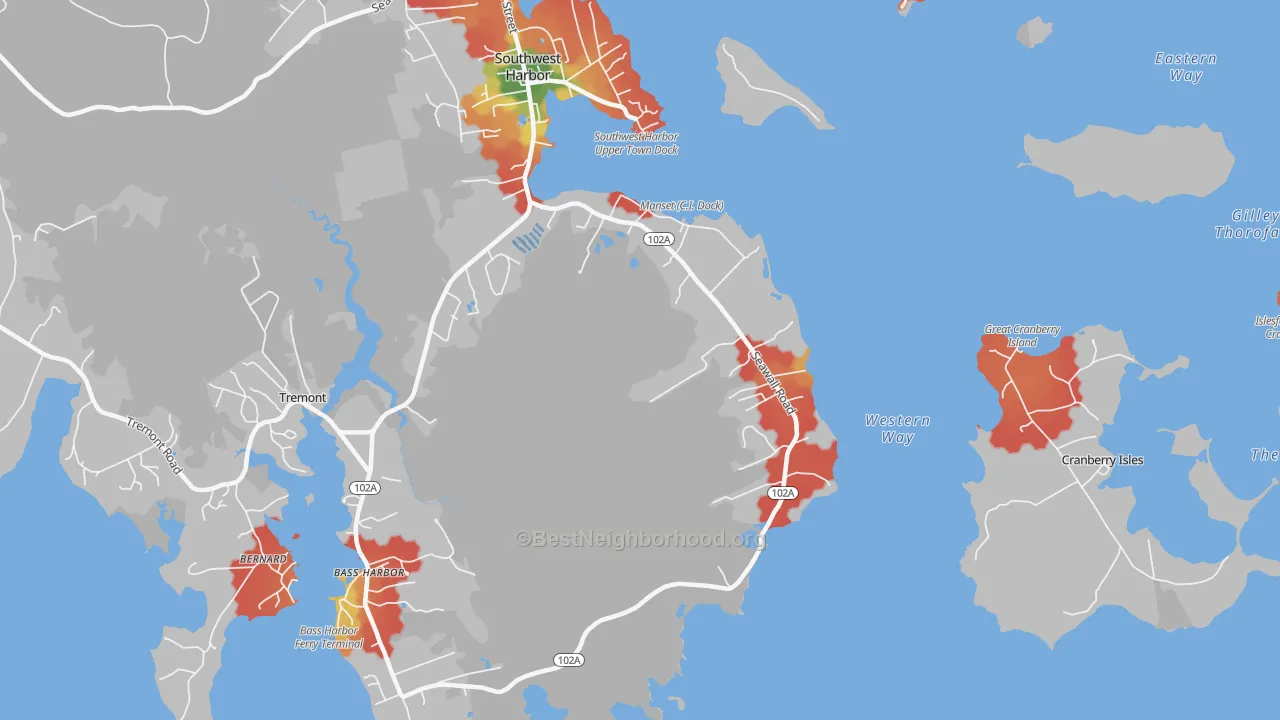 Walk Grade map of Seawall, ME, walkable areas in green and car-dependent areas in red