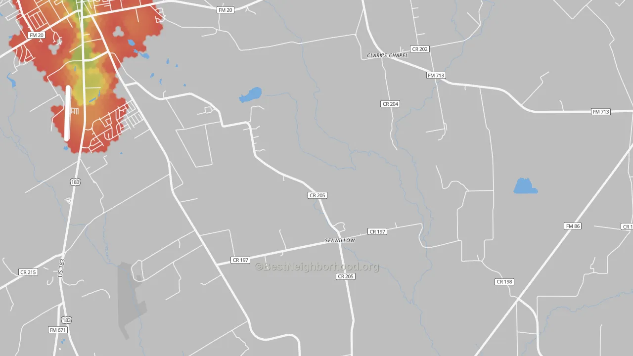 Walk Grade map of Seawillow, TX, walkable areas in green and car-dependent areas in red