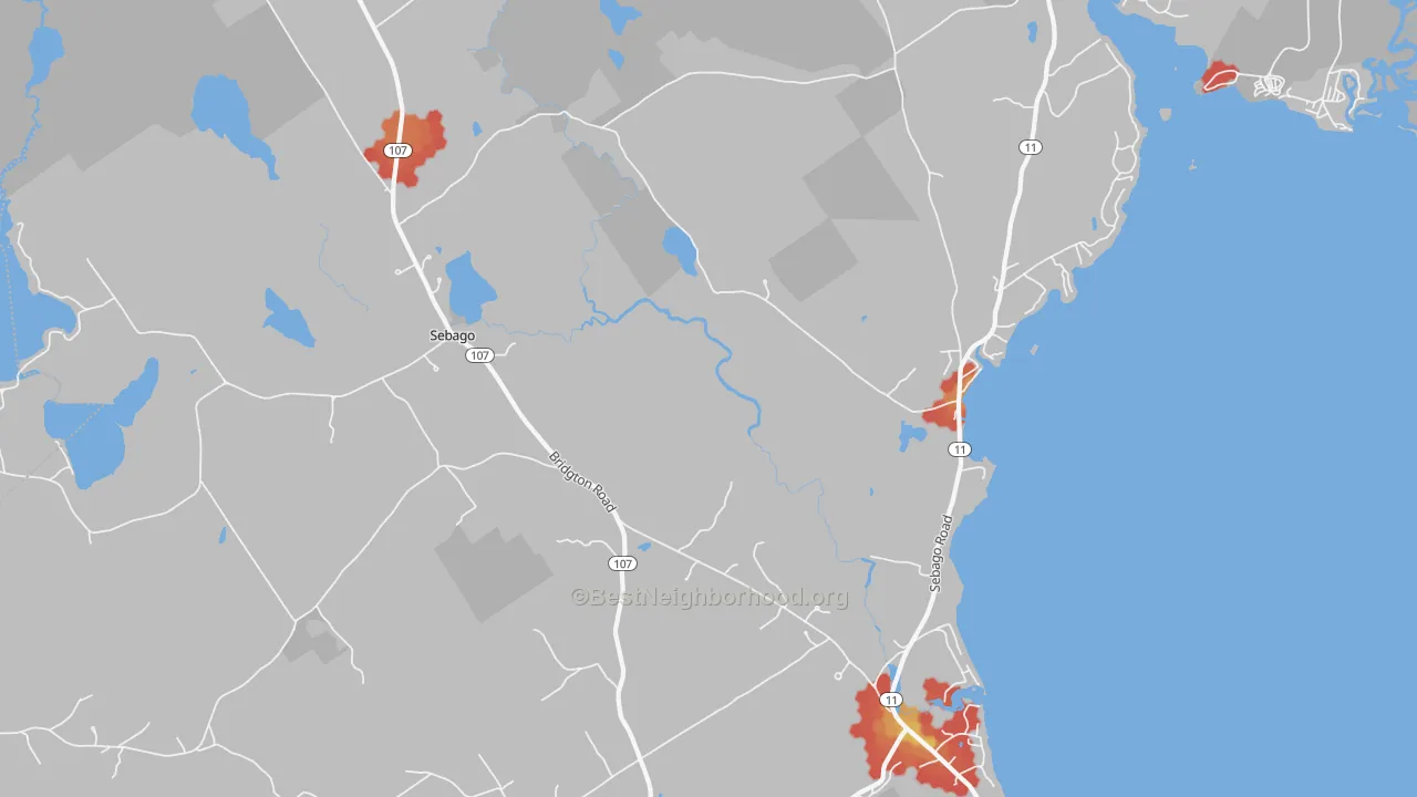 Walk Grade map of Sebago, ME, walkable areas in green and car-dependent areas in red