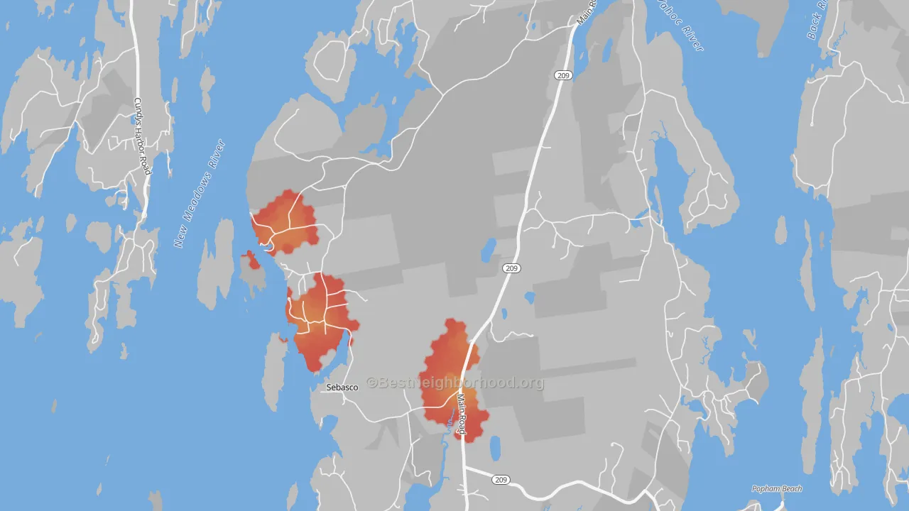 Walk Grade map of Sebasco Estates, ME, walkable areas in green and car-dependent areas in red