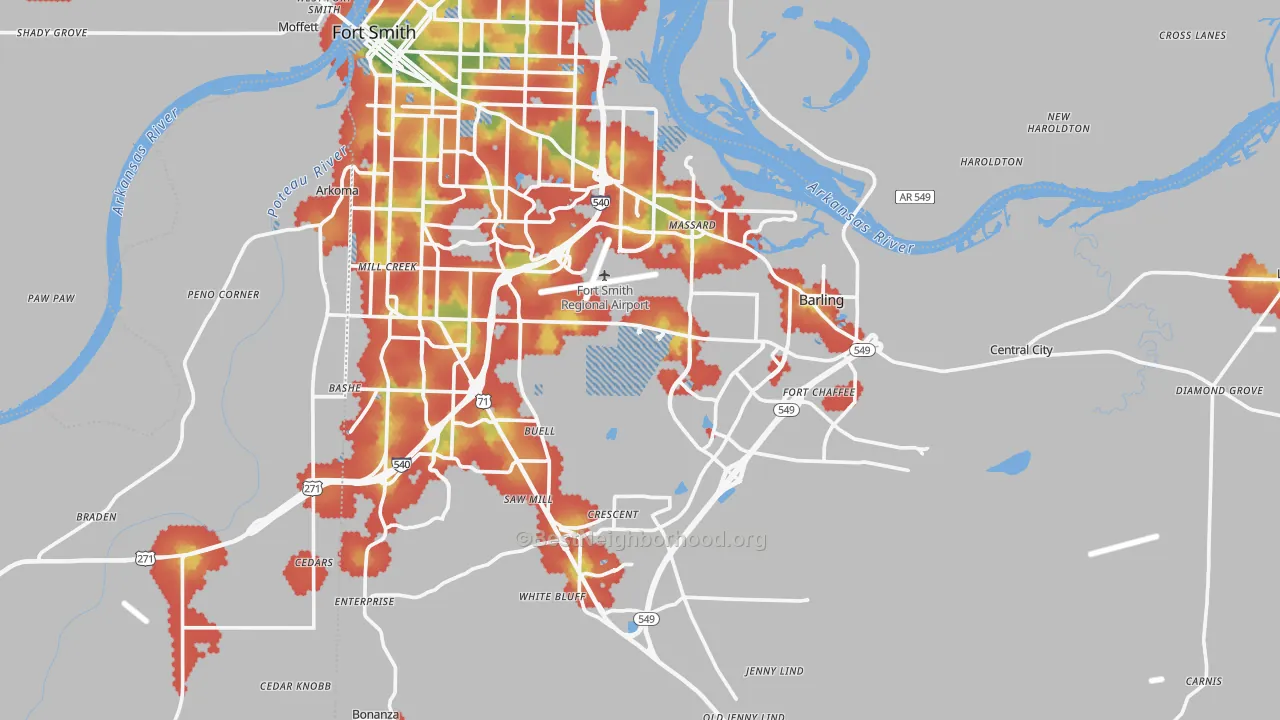 Walk Grade map of Sebastian County, AR, walkable areas in green and car-dependent areas in red