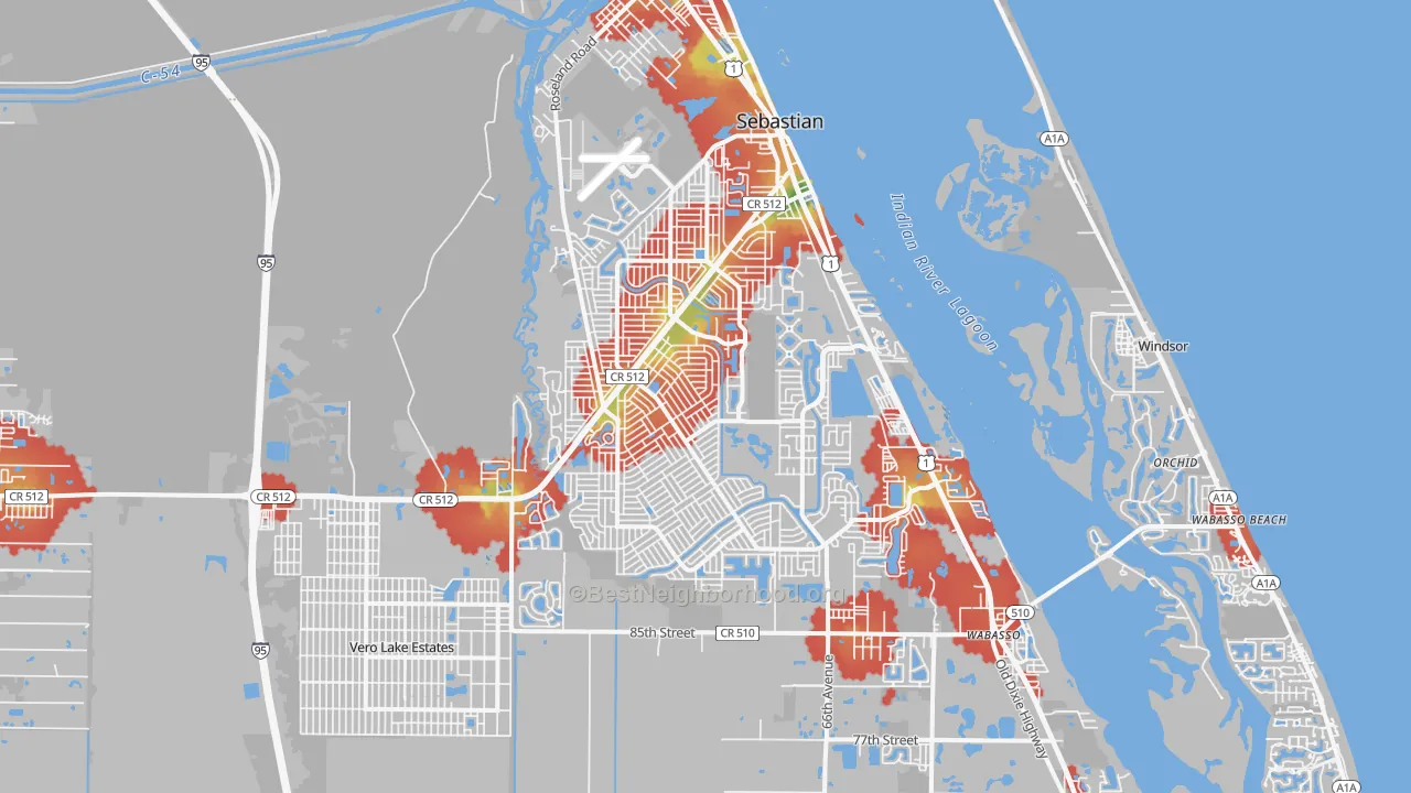 Walk Grade map of Sebastian, FL, walkable areas in green and car-dependent areas in red