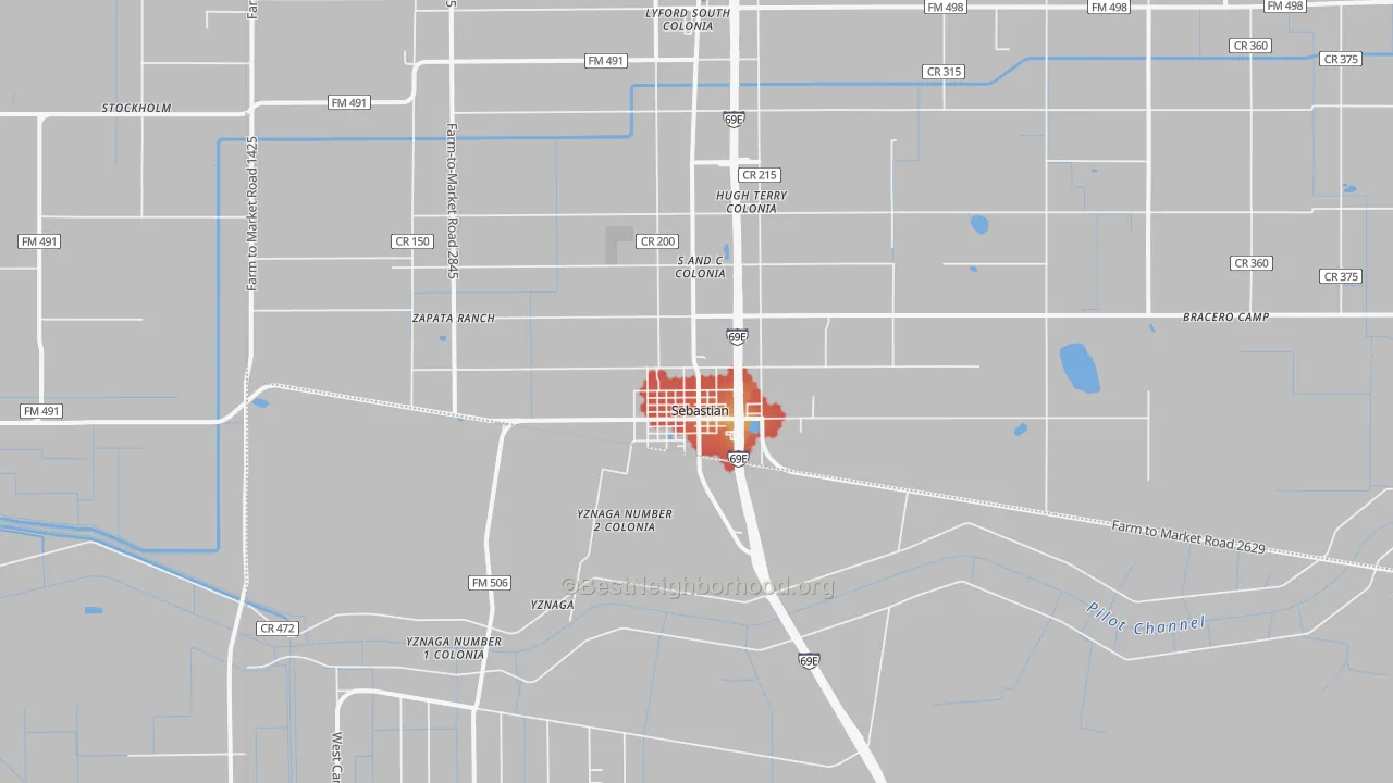 Walk Grade map of Sebastian, TX, walkable areas in green and car-dependent areas in red