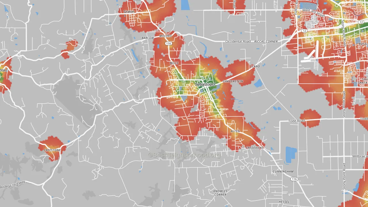 Walk Grade map of Sebastopol, CA, walkable areas in green and car-dependent areas in red