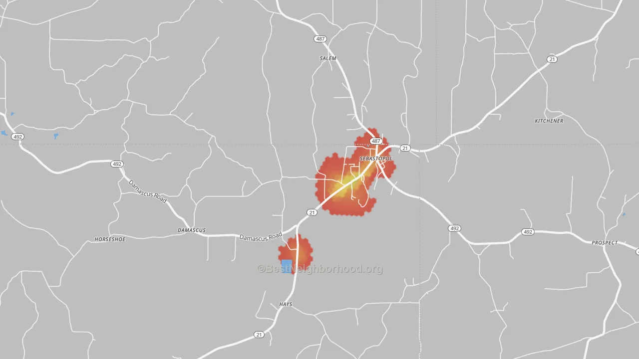 Walk Grade map of Sebastopol, MS, walkable areas in green and car-dependent areas in red