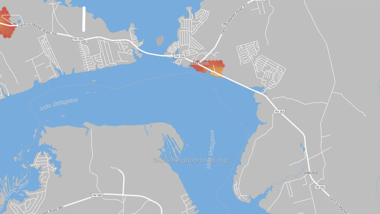 Walk Grade map of Sebastopol, TX, walkable areas in green and car-dependent areas in red