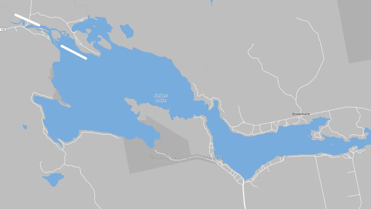 Walk Grade map of Sebec Lake, ME, walkable areas in green and car-dependent areas in red