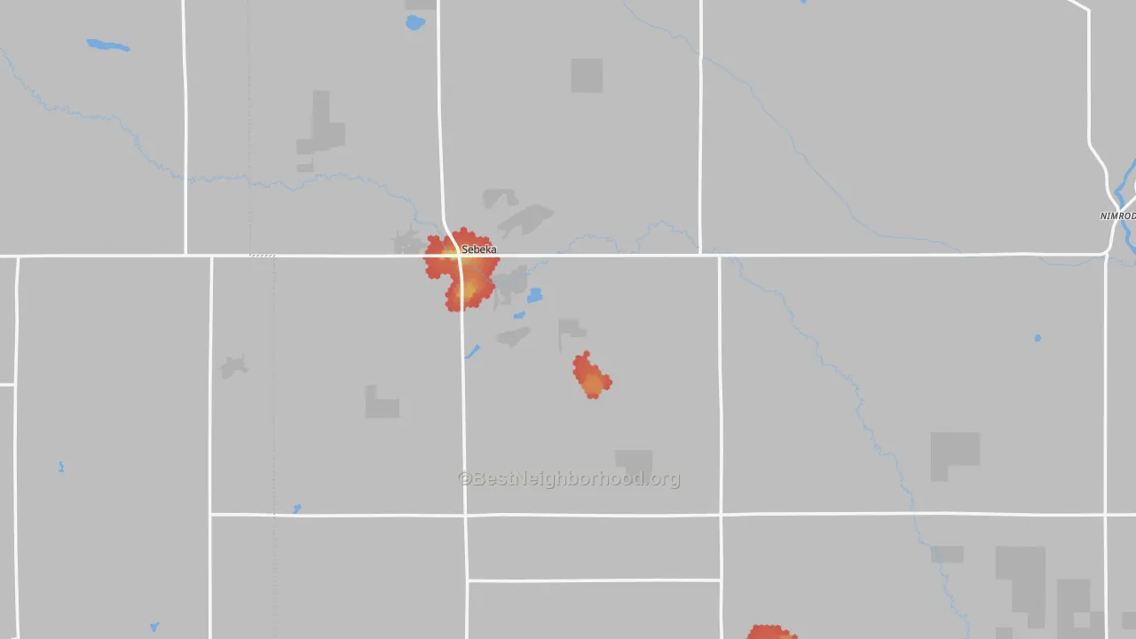 Walk Grade map of Sebeka, MN, walkable areas in green and car-dependent areas in red