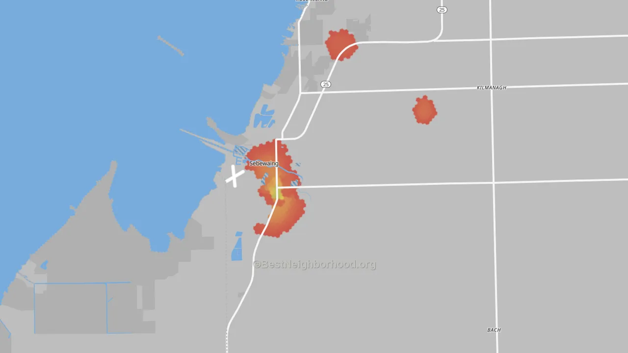 Walk Grade map of Sebewaing, MI, walkable areas in green and car-dependent areas in red
