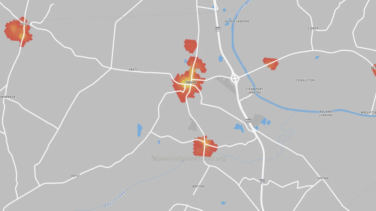 Walk Grade map of Sebree, KY, walkable areas in green and car-dependent areas in red