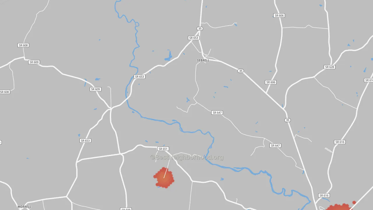 Walk Grade map of Sebrell, VA, walkable areas in green and car-dependent areas in red