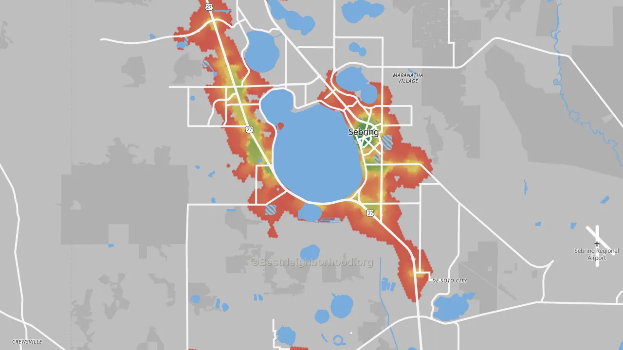 Walk Grade map of Sebring, FL, walkable areas in green and car-dependent areas in red