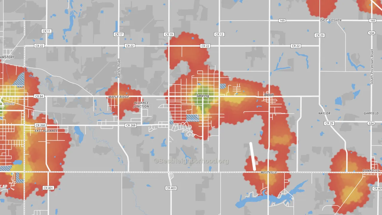 Walk Grade map of Sebring, OH, walkable areas in green and car-dependent areas in red