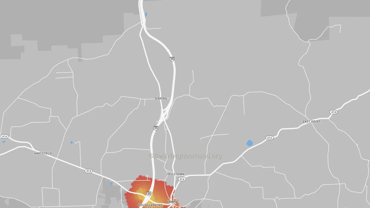 Walk Grade map of Sebring, PA, walkable areas in green and car-dependent areas in red