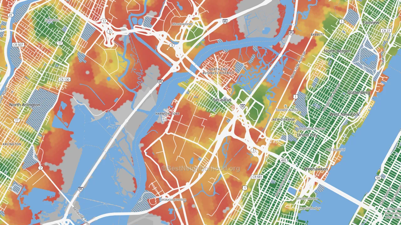 Walk Grade map of Secaucus, NJ, walkable areas in green and car-dependent areas in red