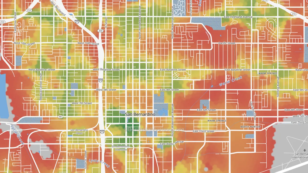 Walk Grade map of Seccombe Lane, San Bernardino, CA, walkable areas in green and car-dependent areas in red