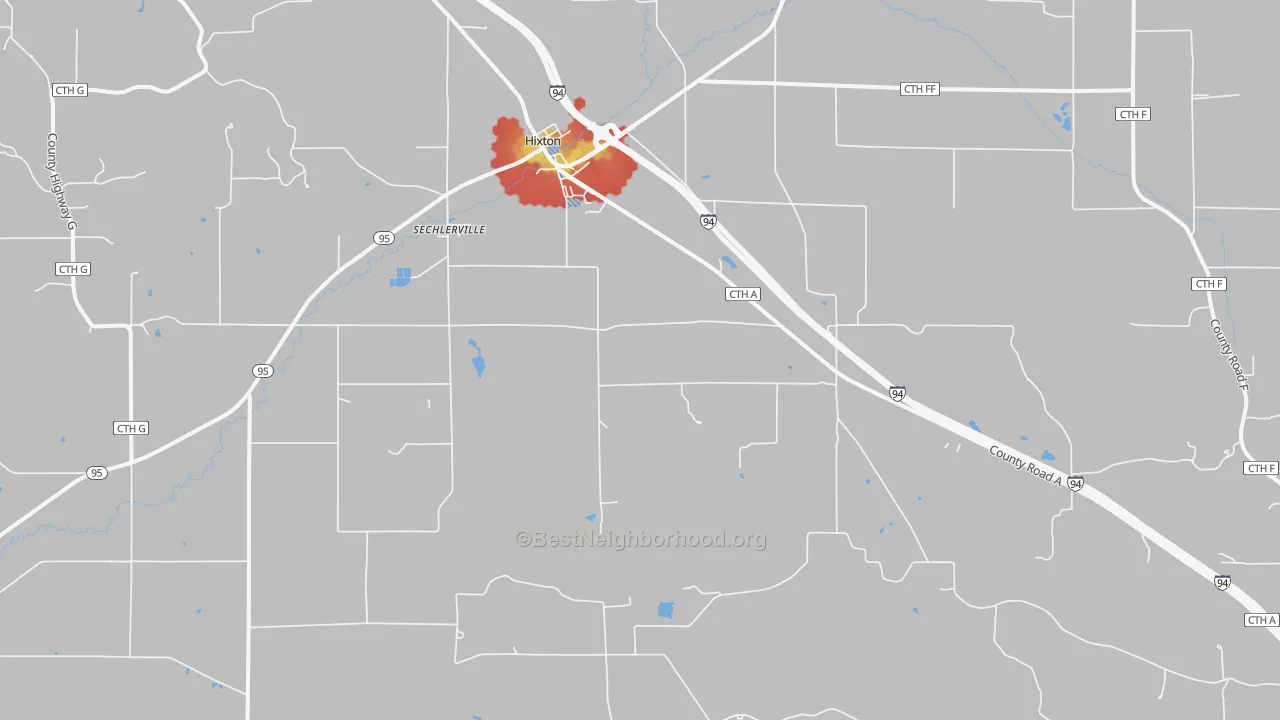Walk Grade map of Sechlerville, WI, walkable areas in green and car-dependent areas in red