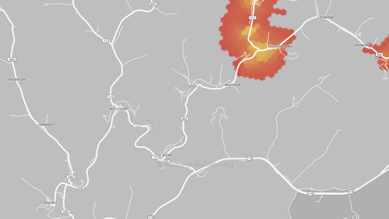 Walk Grade map of Seco, KY, walkable areas in green and car-dependent areas in red
