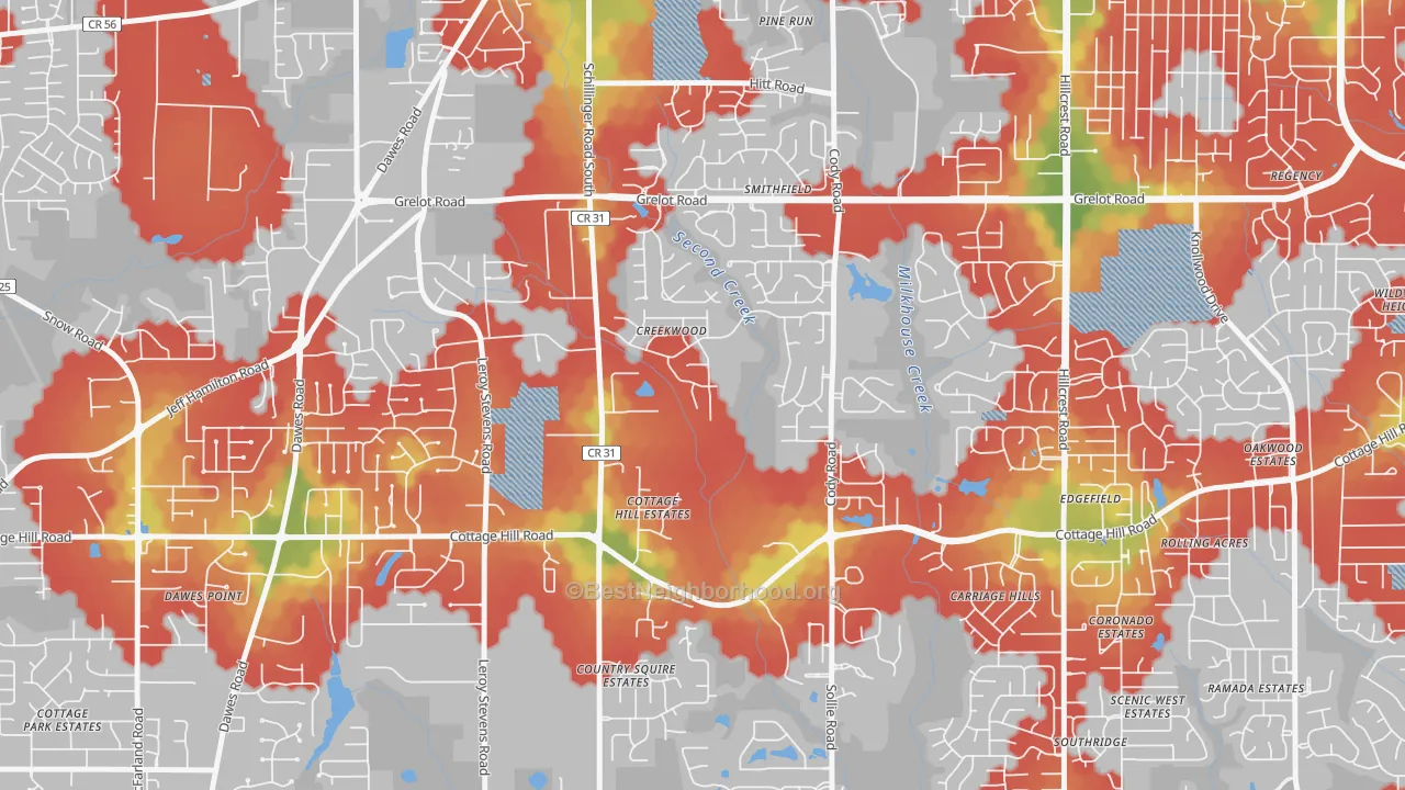 Walk Grade map of Second Creek, Mobile, AL, walkable areas in green and car-dependent areas in red