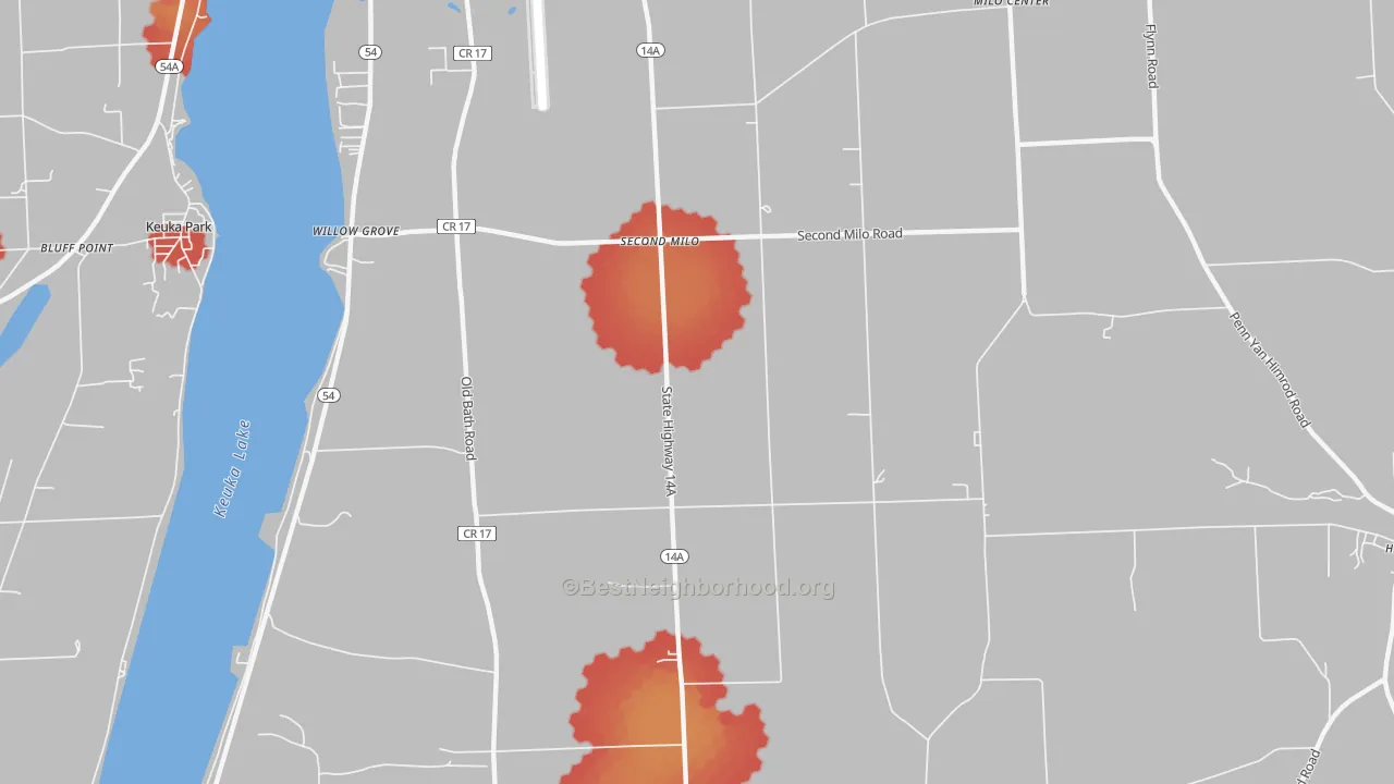 Walk Grade map of Second Milo, NY, walkable areas in green and car-dependent areas in red