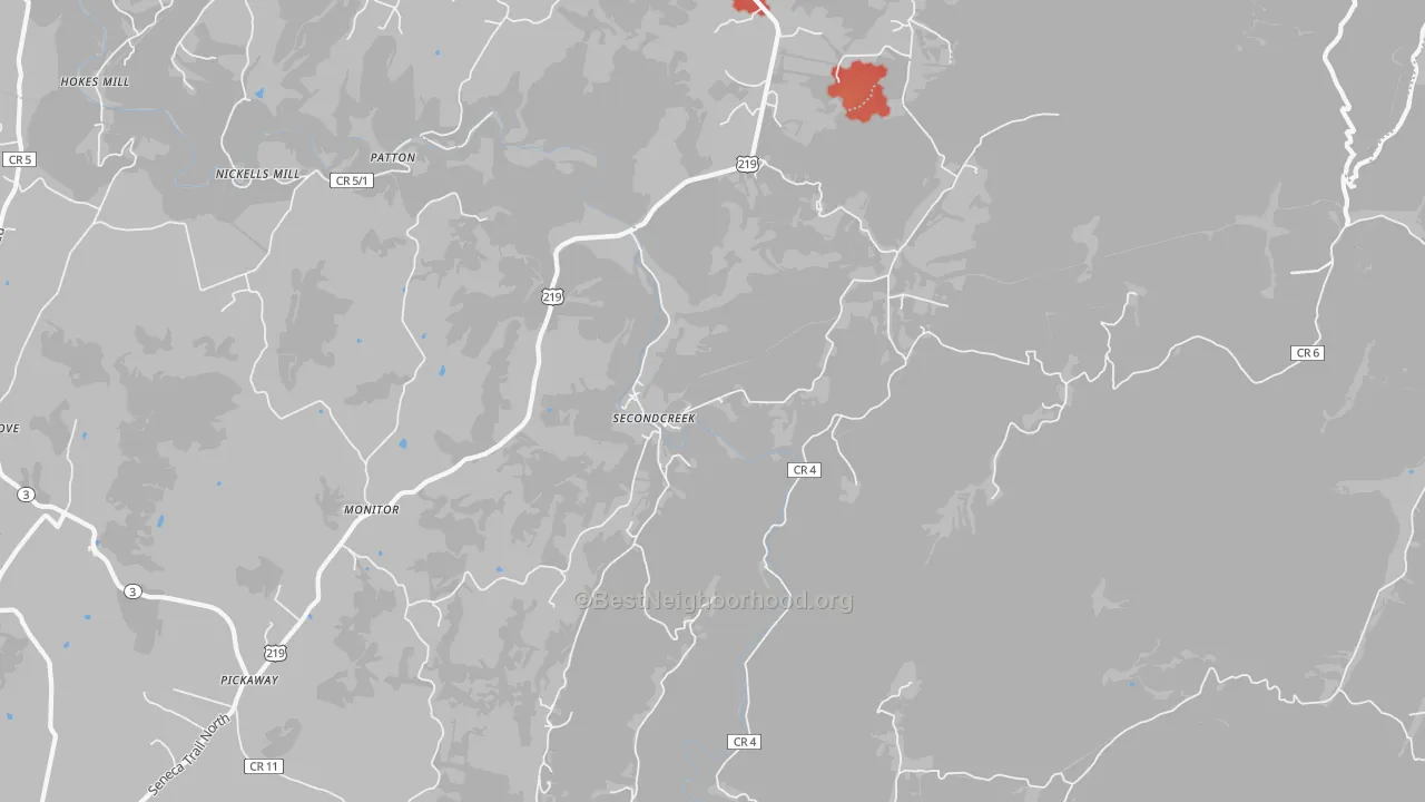 Walk Grade map of Secondcreek, WV, walkable areas in green and car-dependent areas in red