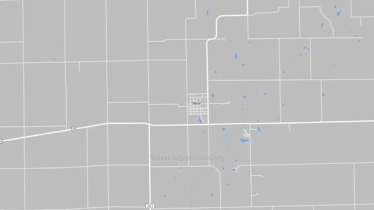 Walk Grade map of Secor, IL, walkable areas in green and car-dependent areas in red