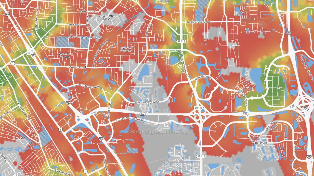 Walk Grade map of Secret Cove, Jacksonville, FL, walkable areas in green and car-dependent areas in red