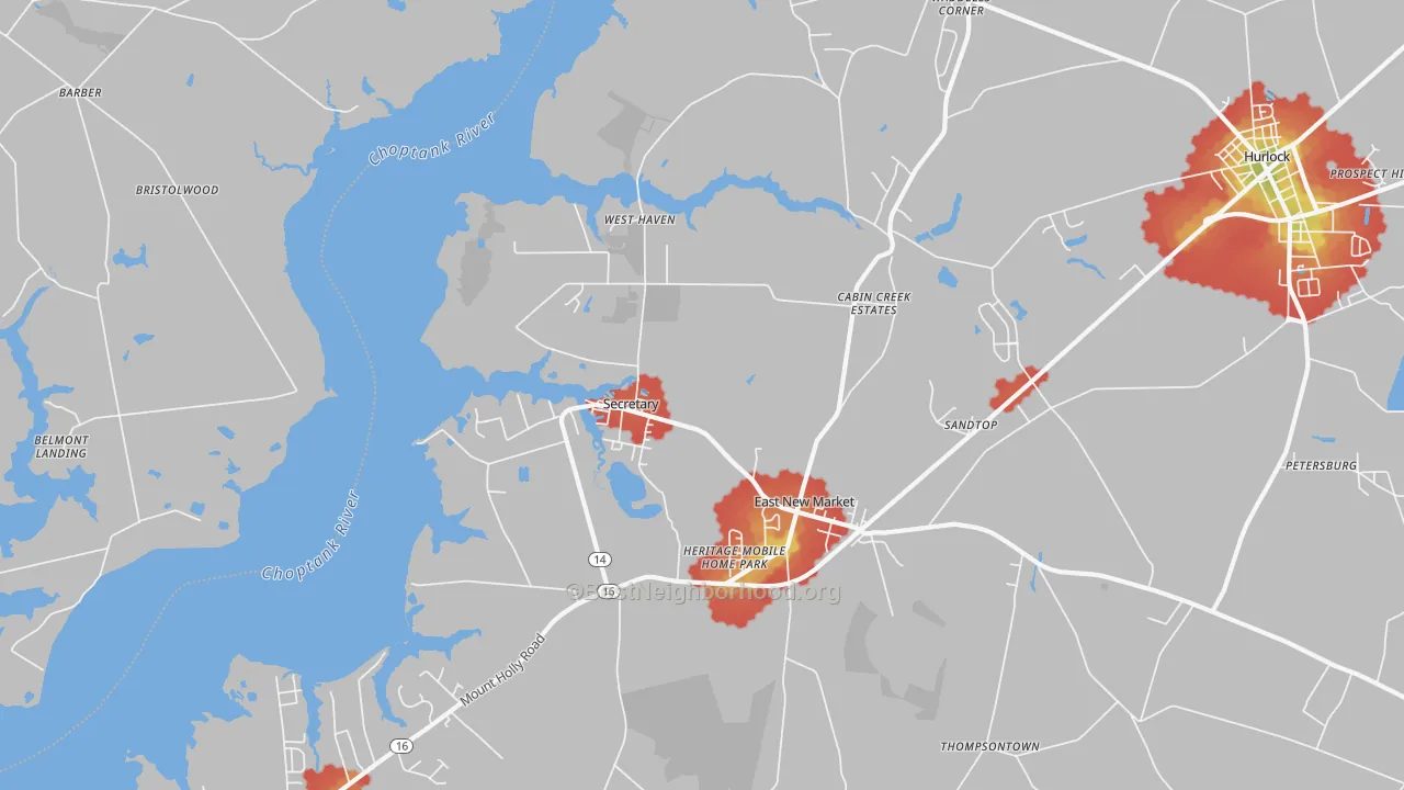 Walk Grade map of Secretary, MD, walkable areas in green and car-dependent areas in red