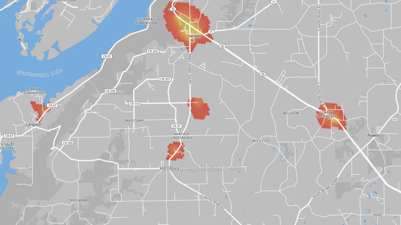 Walk Grade map of Section, AL, walkable areas in green and car-dependent areas in red
