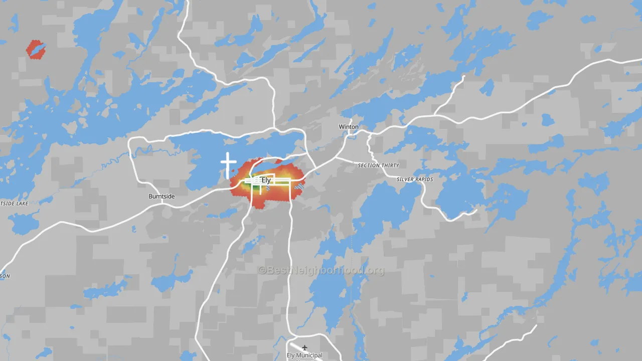 Walk Grade map of Section Thirty, MN, walkable areas in green and car-dependent areas in red