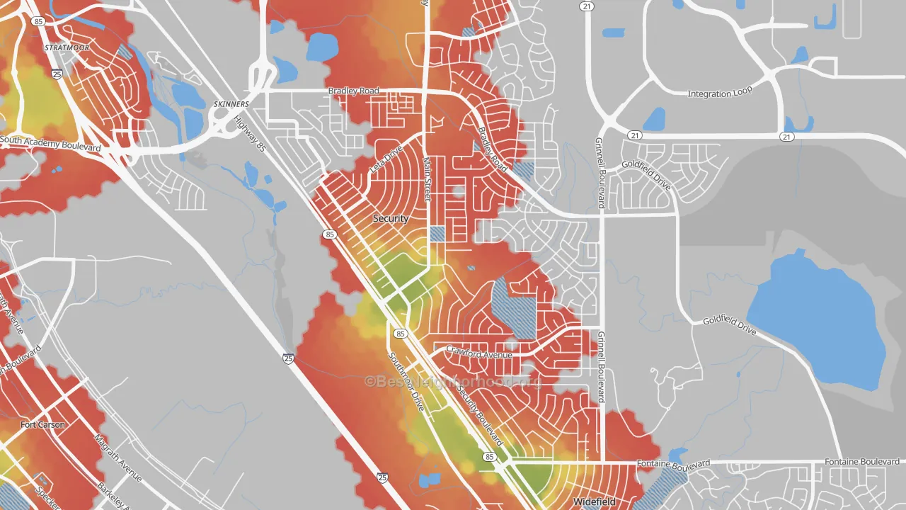 Walk Grade map of Security, Security-Widefield, CO, walkable areas in green and car-dependent areas in red