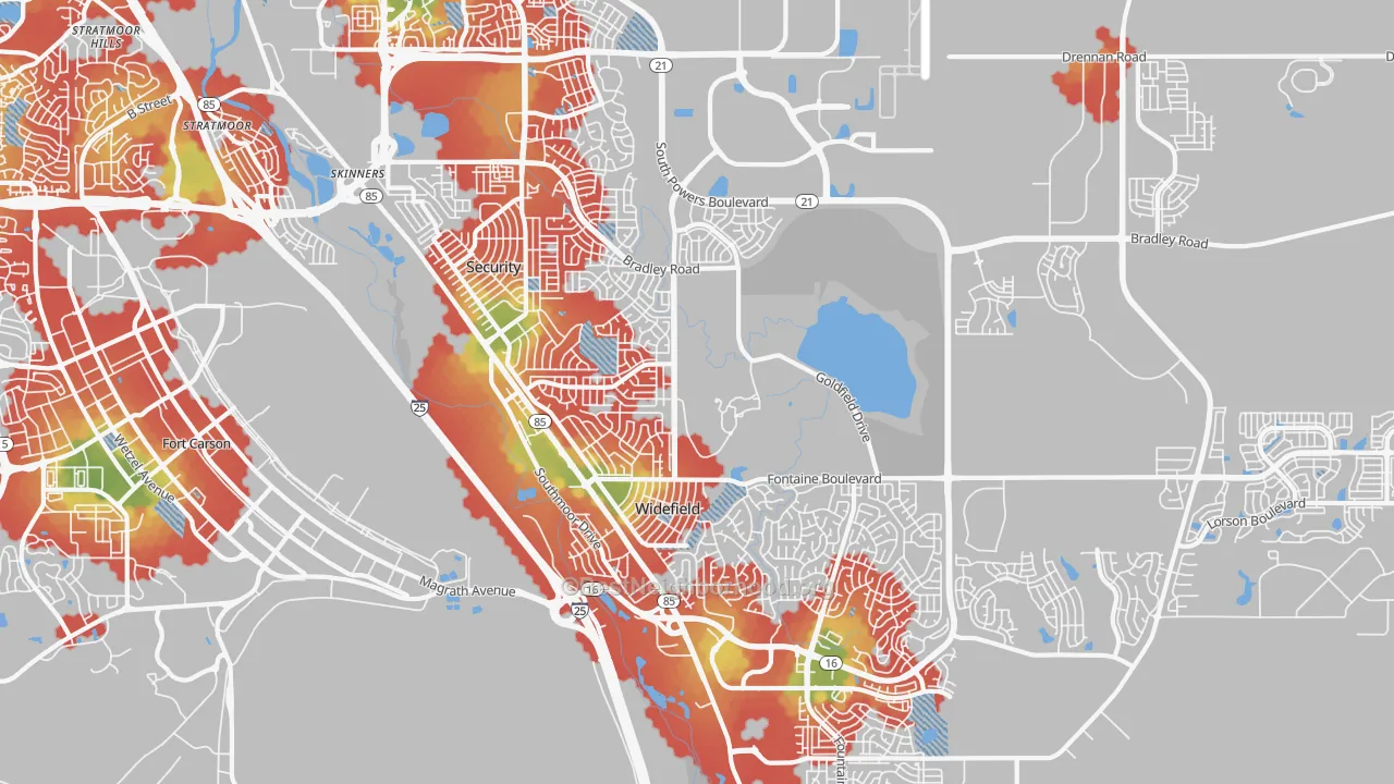 Walk Grade map of Security-Widefield, CO, walkable areas in green and car-dependent areas in red