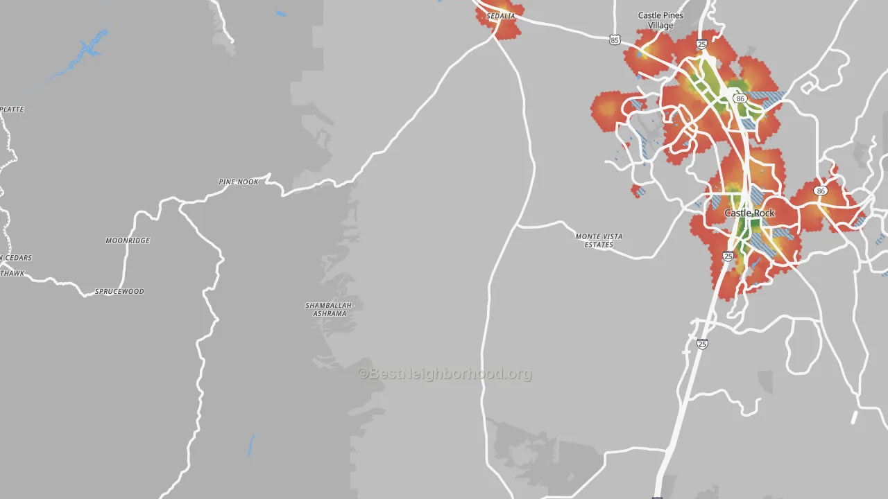 Walk Grade map of Sedalia, CO, walkable areas in green and car-dependent areas in red